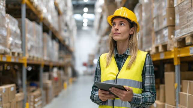 Warehouse Worker In Safety Gear Using Digital Tablet. Efficient Inventory Management And Logistics