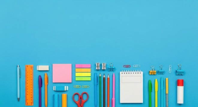 Colorful stationery supplies arranged neatly on a bright blue background.