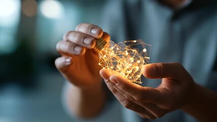 Hands interacting with blockchain network and lightbulb decentralized marketing idea creative Web3 strategy digital innovation crypto visible face defocused with copy space