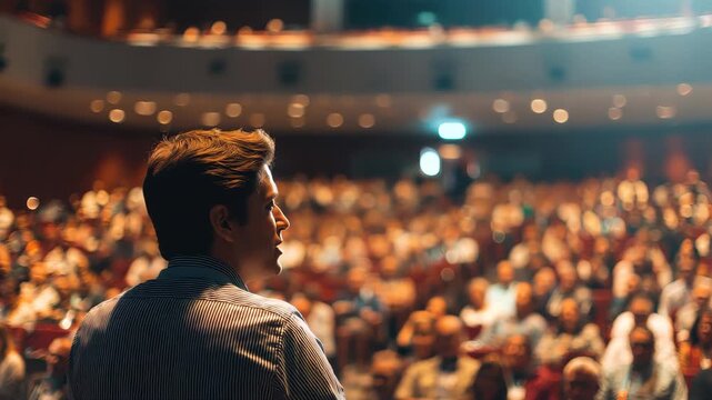 Audience engagement at a conference with speaker visible in foreground during presentation in a large auditorium
