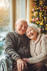 Smiling elderly couple, one in wheelchair, share warm Christmas moment with twinkling tree by window. Tender senior holiday joy, heartfelt nursing home festive love vibe.