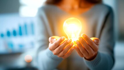 Hands presenting brand strategy presentation with lightbulb positioning concept creative differentiation digital marketing narrative slides visible on screen face not shown