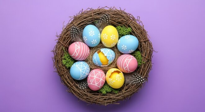 Decorated easter eggs in a twig nest on purple background