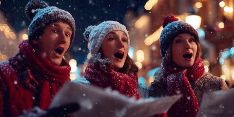 Three friends in winter clothes sing carols in a beautifully lit city street at night. A joyful and heartwarming Christmas tradition shared together.