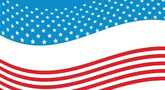 A dynamic, abstract representation of the american flag with wavy stripes of red and white and a field of blue stars, evoking patriotism and national pride