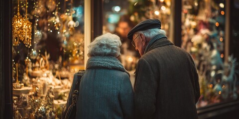 Fototapeta premium Elderly couple stands close together, admiring a decorated holiday store window at night. A moment of warmth and nostalgia.