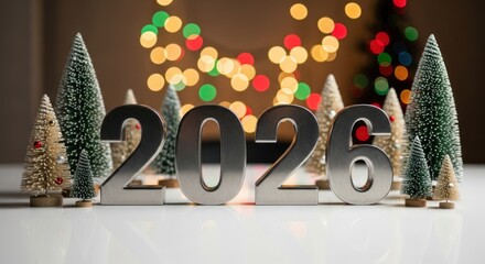 Silver year numbers sit before miniature frosted holiday trees and bokeh lights.