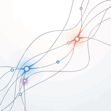Minimalist flat vector neural signal inspired interface with glowing synapse points and soft curved connecting lines on a clean white background, symbolizing cognitive digital systems, bio tech 