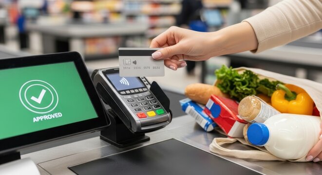 Contactless payment approved at a grocery store checkout counter. - Powered by Adobe