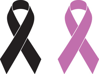 Two awareness ribbons one pink for breast cancer and one black for remembrance and support on white background