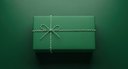 Green wrapped gift box with striped twine bow on dark green background.