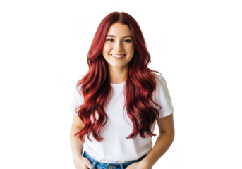 A young woman with long wavy auburn hair smiling brightly wearing a white t shirt and jeans isolated on transparent background