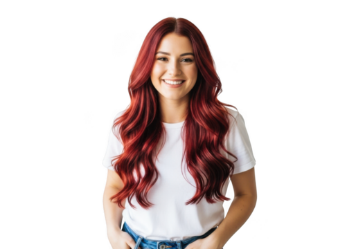 A young woman with long wavy auburn hair smiling brightly wearing a white t shirt and jeans isolated on transparent background