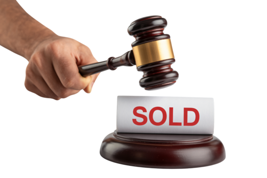 Confident hand strikes gavel announcing a final sale as 'SOLD' sign signifies successful transaction and deal closure
