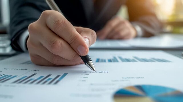 Business Hand Signing Contract on Financial Reports with Colorful Charts and Graphs on Desk