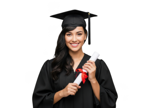 A smiling young woman wearing a graduation cap and gown holding a diploma scroll isolated on transparent background