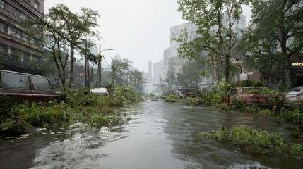 Fototapeta premium Flooded Urban Street With Overgrown Vegetation And Abandoned Cars. Post-Apocalyptic Cityscape Depicting Nature Reclaiming Urban Areas