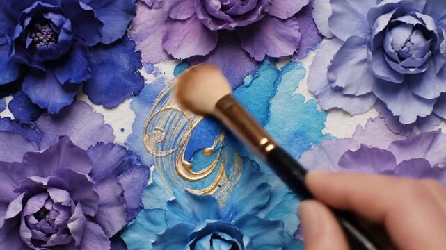 Watercolor Flowers with Gold Scrollwork Hand Painted Art Background.