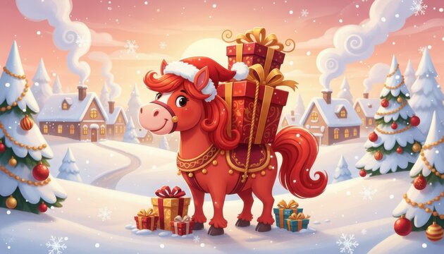 A cheerful pony with gifts stands in a snowy village at sunrise embracing Christmas spirit. The illustration conveys warmth, generosity and festive wonder