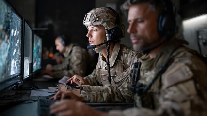Military officers engage in critical monitoring of national safety operations in a high-tech control room during evening hours - Powered by Adobe