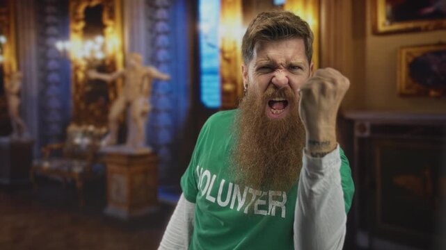 Bearded volunteer man raises clenched fist and shouts in ornate museum building; anger determination. - Powered by Adobe