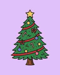 Abstract Christmas tree vector illustration with decoration, green fir, star, ball, gift, and snow for a merry holiday season celebration