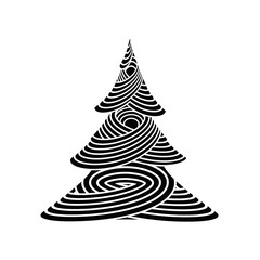 Abstract Christmas tree illustration with black and white striped pattern, creating a swirling, hypnotic effect.