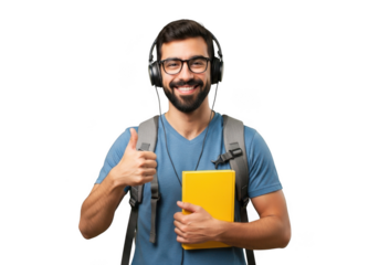 Smiling young man with glasses and headphones holding a yellow book and giving a thumbs up gesture isolated on transparent background