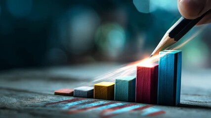 Pencil drawing colorful bars on wooden surface to represent growth during creative brainstorming session - Powered by Adobe