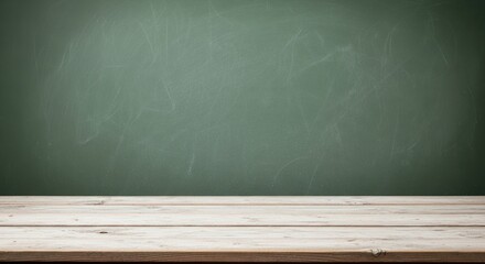 Empty wooden table surface against a dusty green chalkboard background.