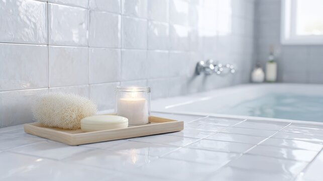 Serene Bathroom Setting With Candle, Soap, And Sponge On Tray By Bathtub. Relaxing Spa-Like Atmosphere For Self-Care