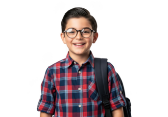 A smiling young boy wearing round glasses and a red plaid shirt with a backpack isolated on transparent background