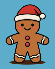 A cute cartoon gingerbread man with a Santa hat and gift illustration on a Christmas tree