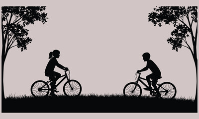 Obraz premium children, bikes, cycling, silhouette, outdoor, nature, trees, park, grass, ride, activity, kids, exercise, summer, landscape, play, recreation, vector