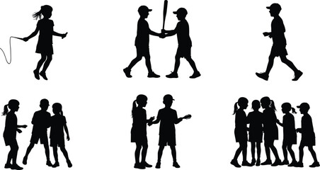 Collection of active children silhouettes playing sports, jumping rope, walking and interacting, outdoor kids activity vector illustration set