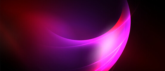 Abstract design features vibrant curves, blending pinks, purples, reds. Smooth gradients create dynamic visual flow, contrasting dark background.