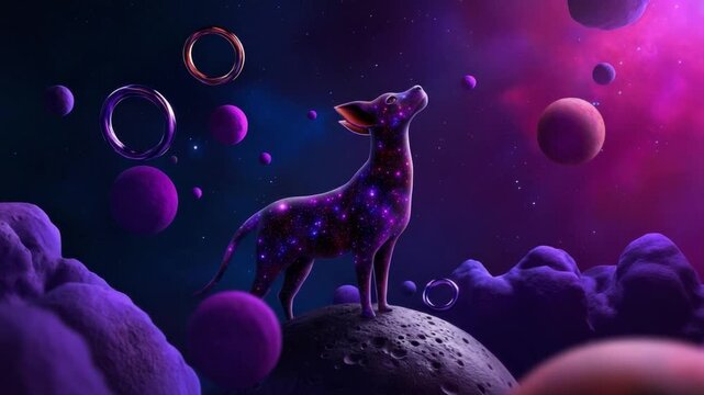 Cosmic Canine: An imaginative portrayal of a dog-like creature gazing upward, set against a backdrop of surreal planets, nebulas, and cosmic rings, showcasing the boundless potential of the universe.