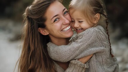 Loving young mother and daughter share a joyful moment while embracing each other during a sunny day outdoors