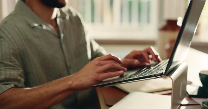 Remote work, typing and hands of man on laptop for article, website content and copywriting. Freelancer, home and person on computer for online publishing, editing news review and magazine story
