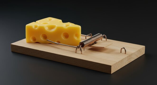 Delicious yellow cheese bait set firmly within a lethal wooden spring-loaded snapping mousetrap ready to catch pests ,ready ,trigger ,trap