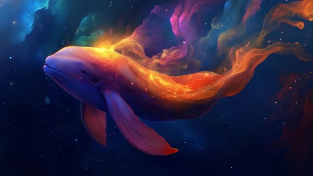 Cosmic Whale Dreamscape: A majestic whale soars through a sea of stars and nebulae, a vibrant fusion of color and form, igniting the imagination with its ethereal presence.