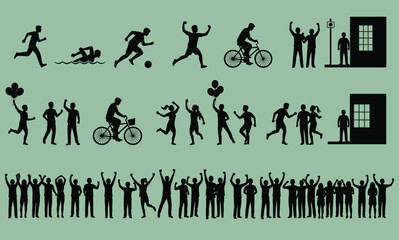 Dynamic sports and celebration silhouettes featuring running cycling swimming dancing cheering crowd and festive balloon activities illustration