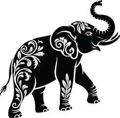 Elegant decorative elephant silhouette with ornate floral patterns, detailed tribal design, intricate ornamental artwork, symbolic Asian style illustration