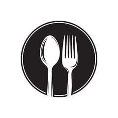 Black and white illustration of a spoon and fork inside a circular frame, representing dining.
