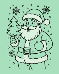 Funny vector illustration of Santa Claus and a Christmas tree with gifts and a child