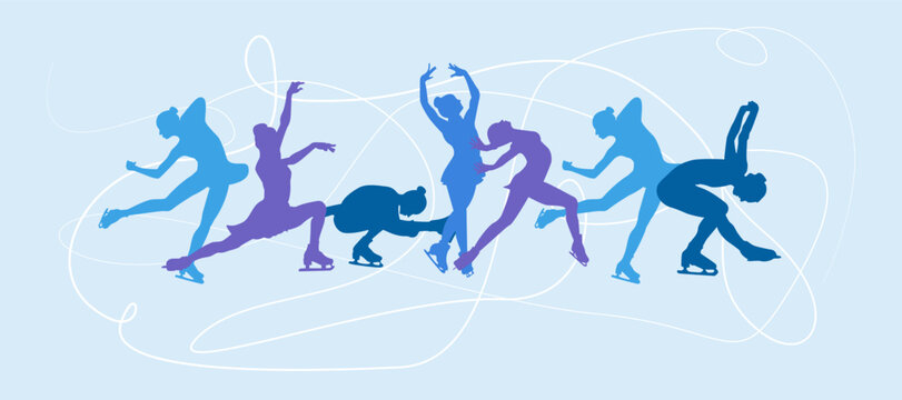 Silhouettes of female figure skaters figure skating on ice Sports poster banner Winter sports Female figures Vector illustration