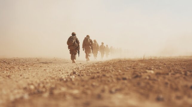 Soldiers Marching Through Desert Landscape In Dusty Conditions. Military Operation In Arid Environment