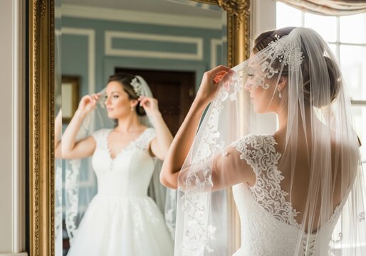 Joyful bride in white dress adjusting her beautiful lace veil in a mirror - Powered by Adobe