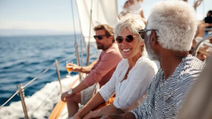 Relaxed group of senior friends enjoying a luxury yacht sailing adventure on a sunny day near calm waters, sharing laughter and memories