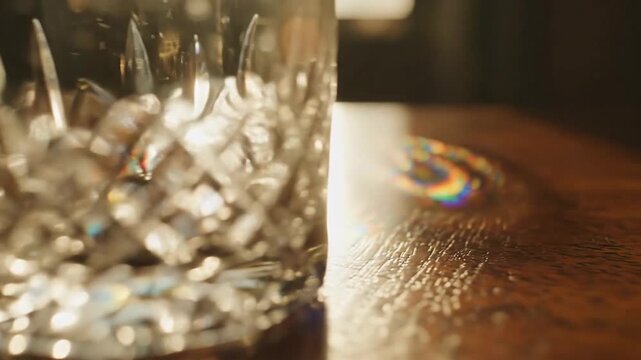 Empty Crystal Glass on Wooden Table Elegant Still Life Reflective Surface.